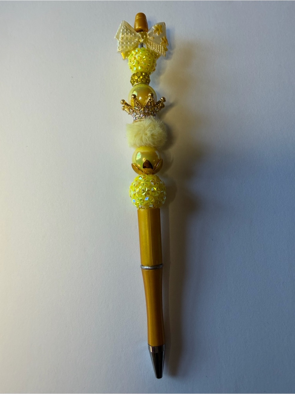 Yellow Beaded Kids Ballpoint Pen with Crown Accent